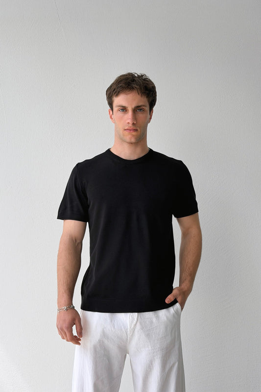 Basic Crew Neck Black Knit T-Shirt