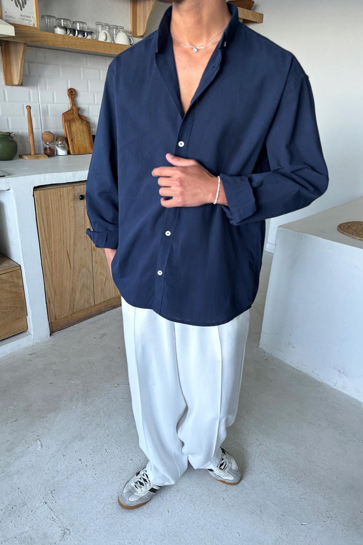 Basic Linen Shirt Navy Blue
