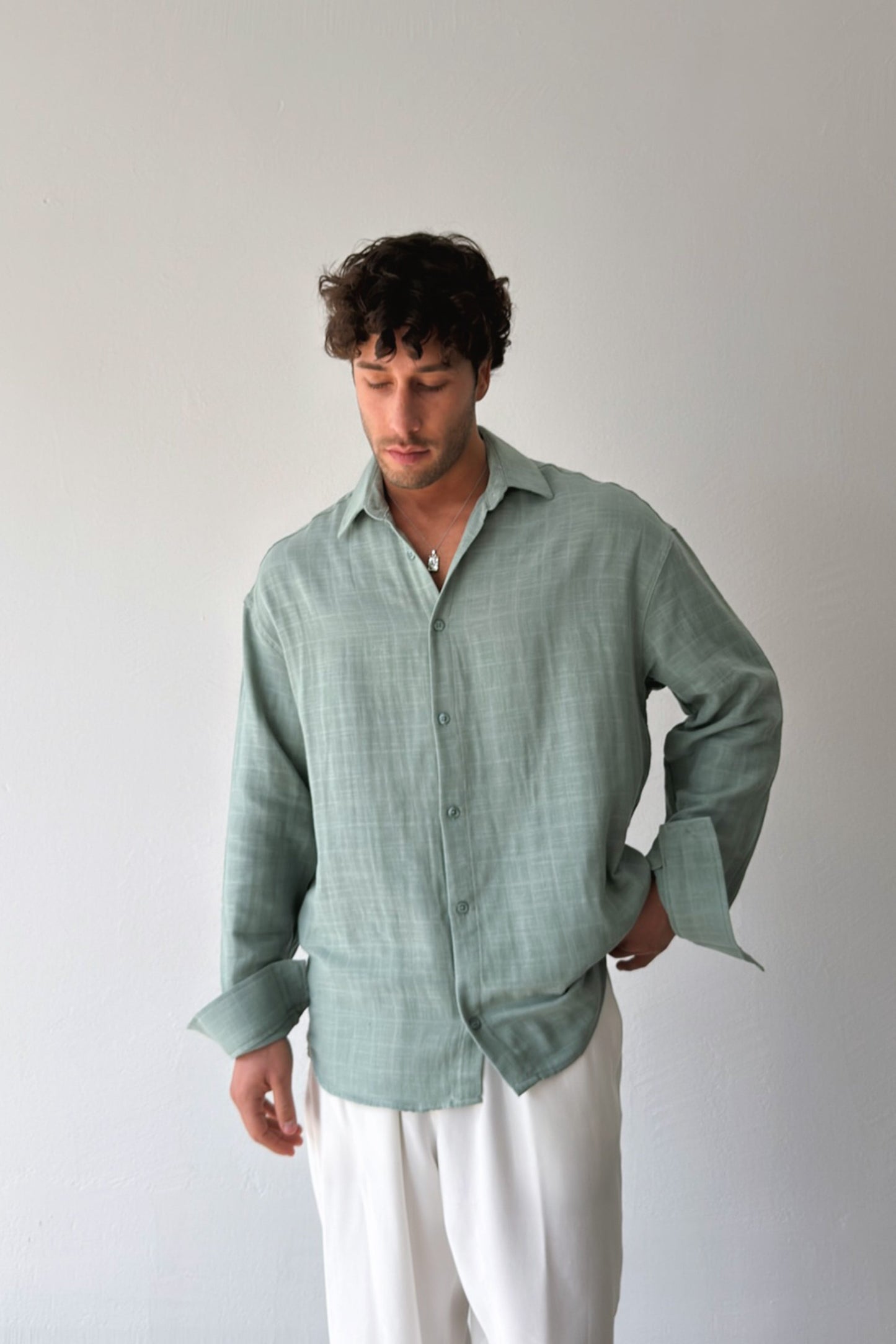 Basic Khaki Cotton Linen Oversize Shirt