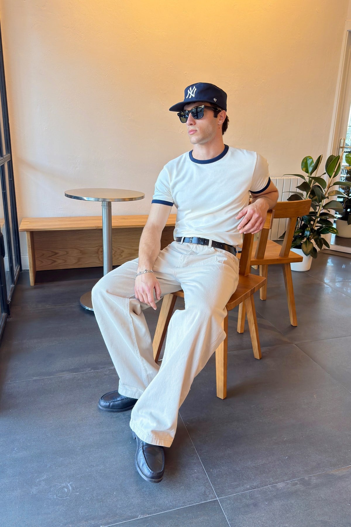 Ecru Navy Blue Ringer Tee