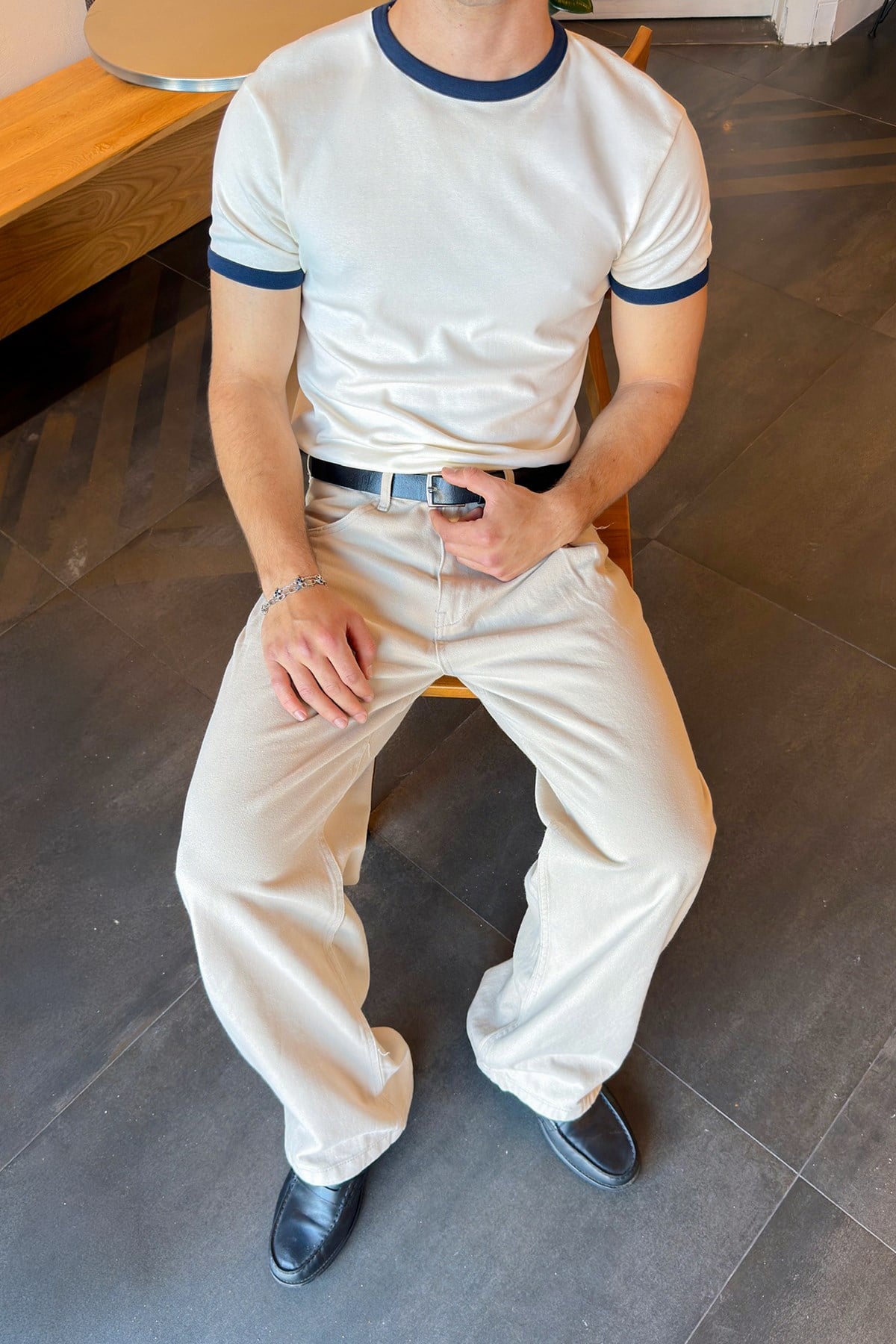 Ecru Navy Blue Ringer Tee