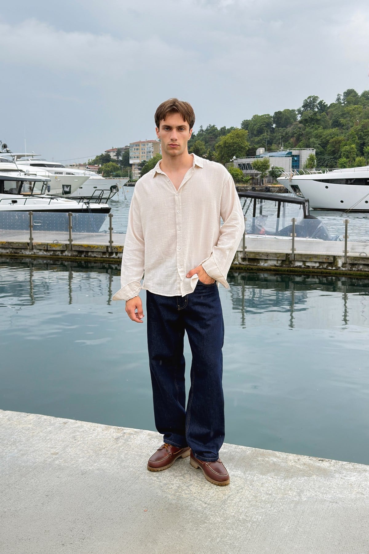 Basic Oversize Beige Raw Linen Shirt