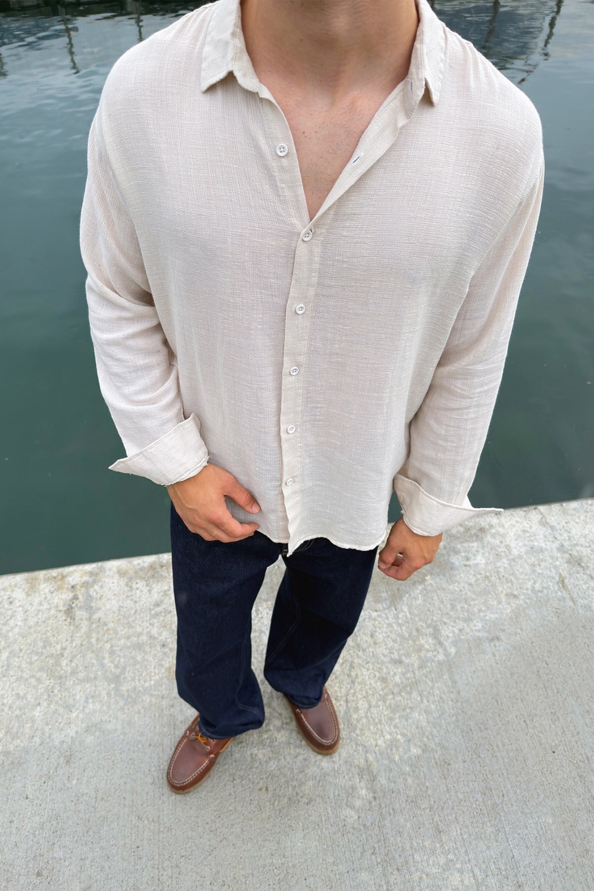 Basic Oversize Beige Raw Linen Shirt