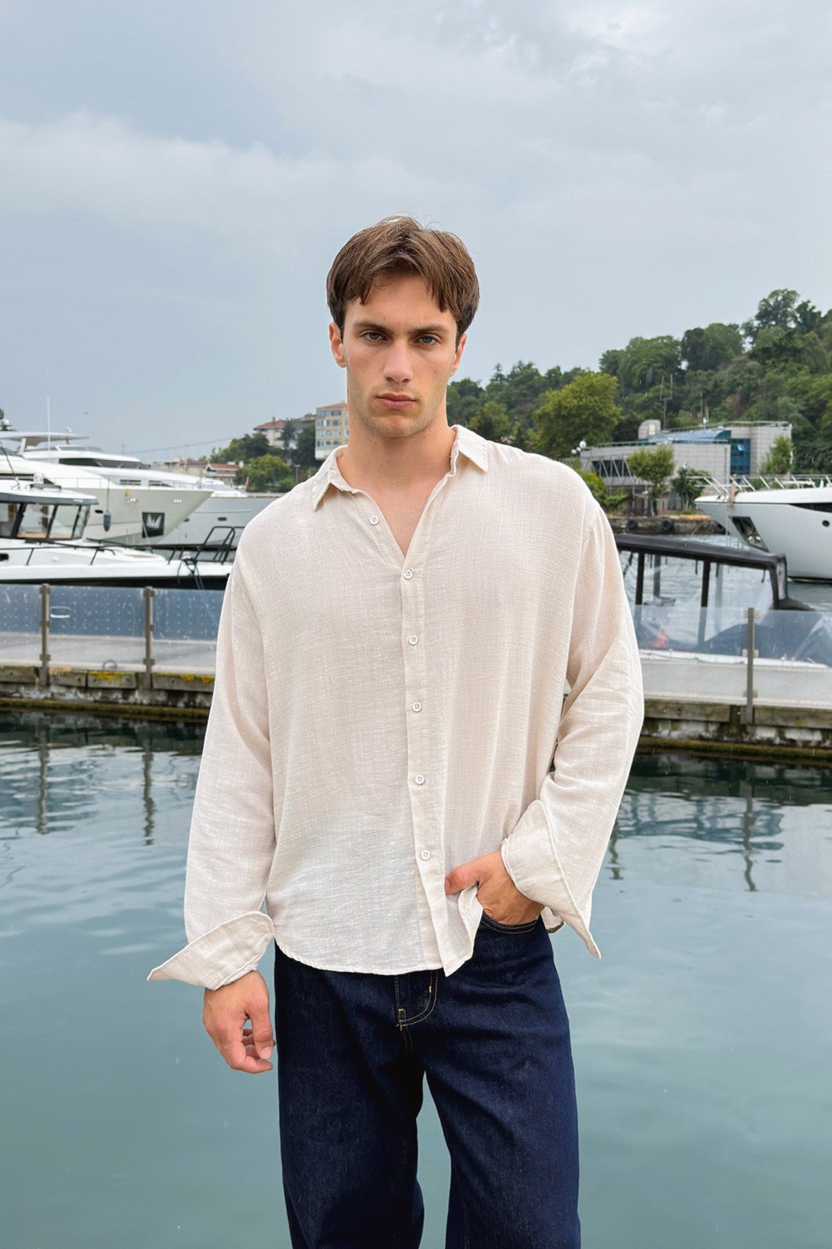 Basic Oversize Beige Raw Linen Shirt