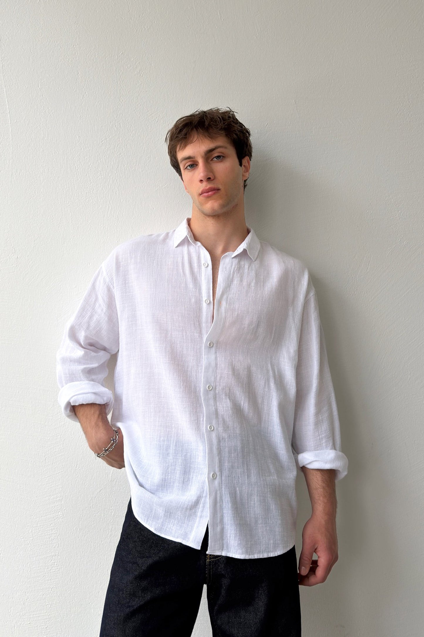 Basic Oversize White Raw Linen Shirt