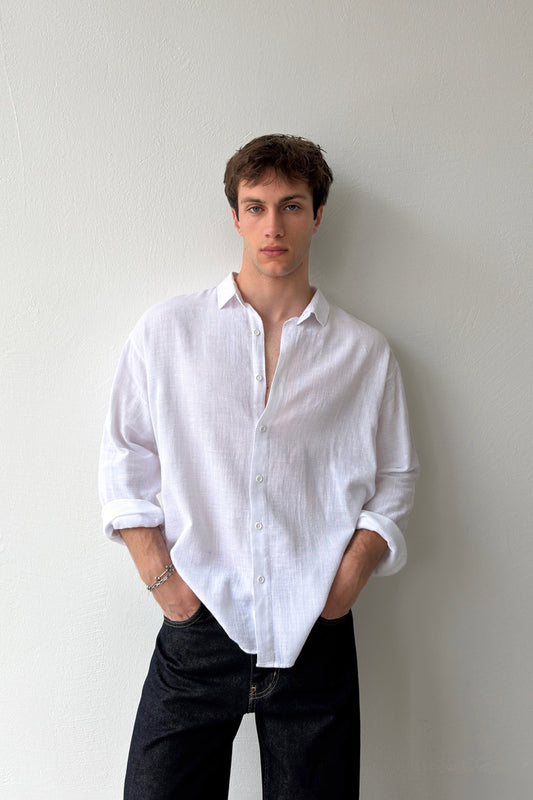 Basic Oversize White Raw Linen Shirt