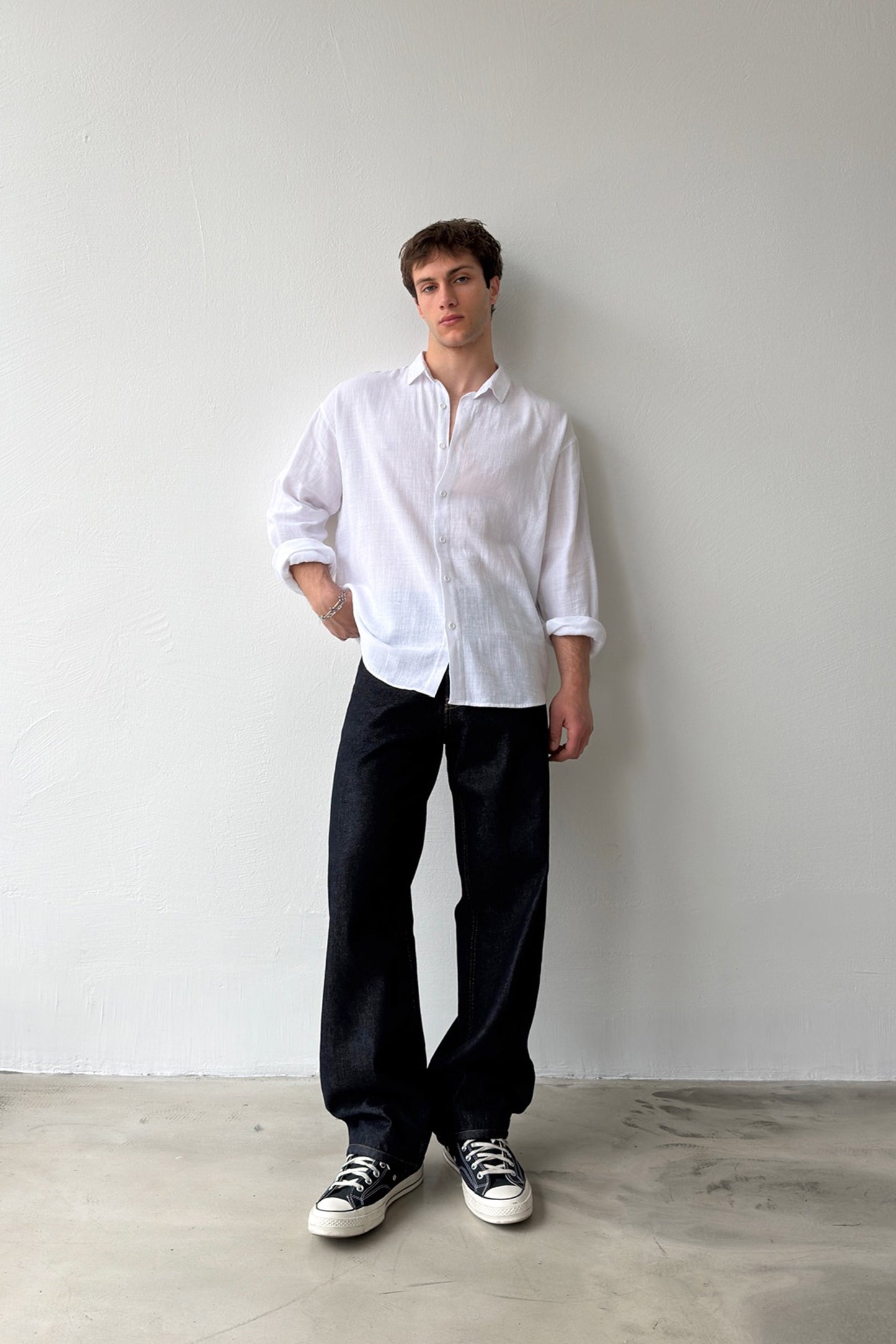 Basic Oversize White Raw Linen Shirt