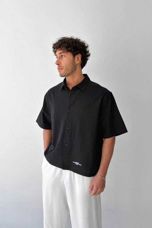Basic Oversize Black Poplin Crop Shirt
