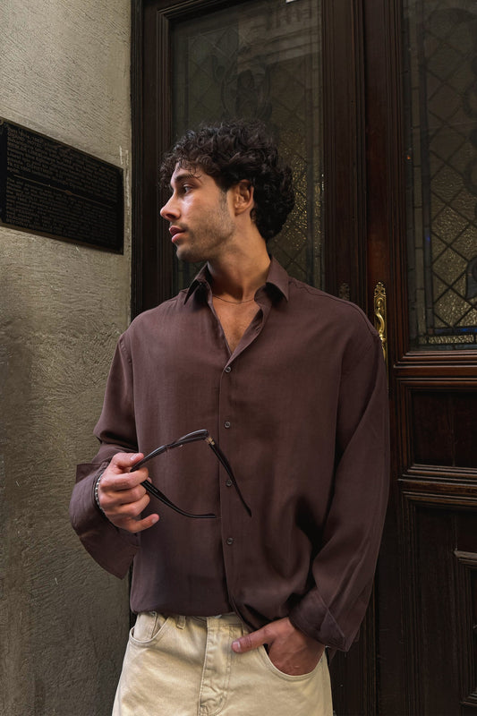 Basic Tencel Fabric Brown Oversize Shirt
