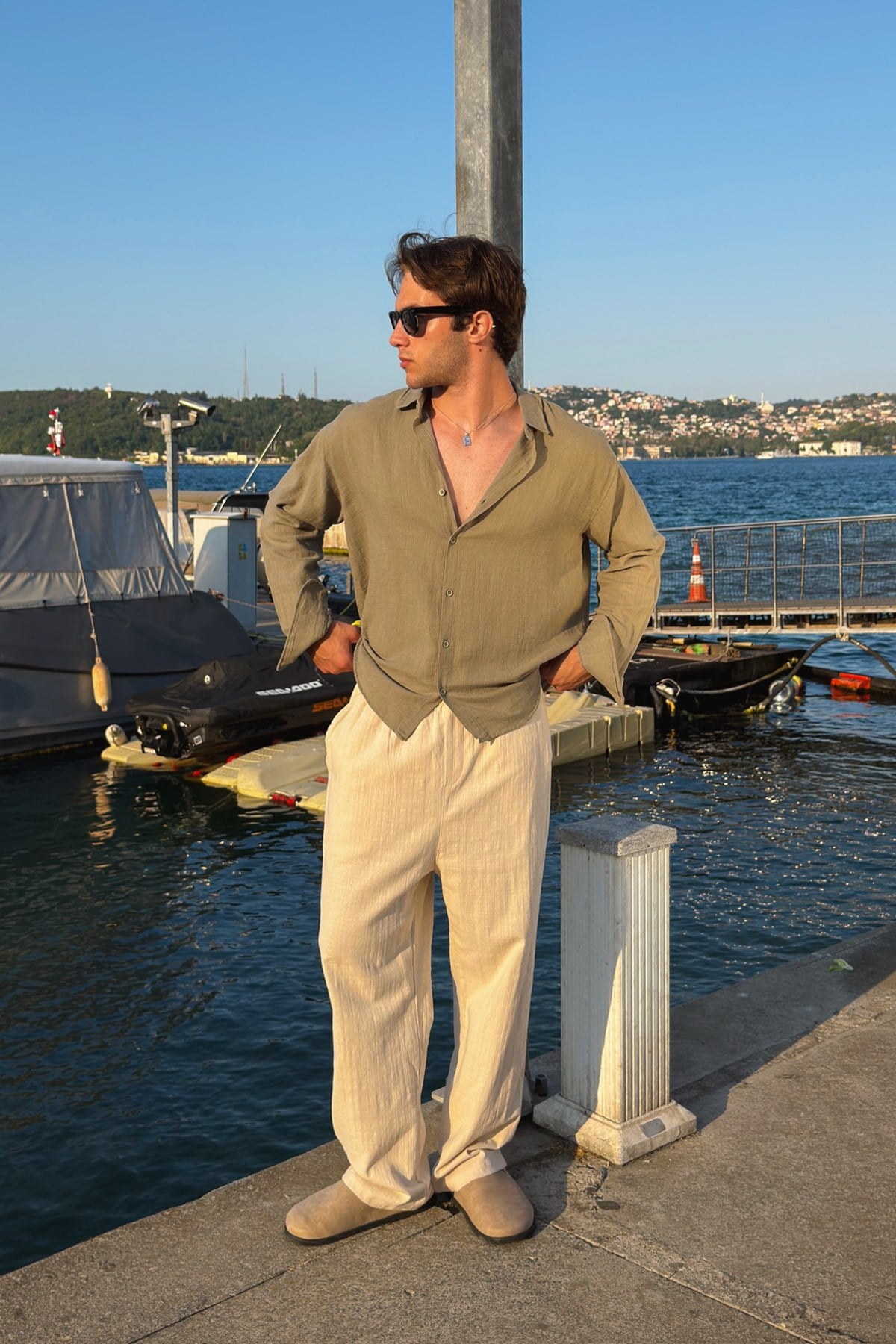Basic Oversize Khaki Raw Linen Shirt