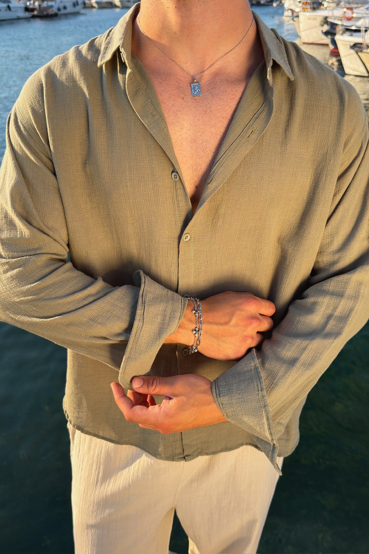 Basic Oversize Khaki Raw Linen Shirt
