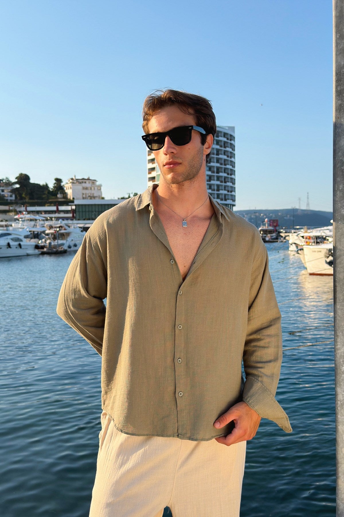 Basic Oversize Khaki Raw Linen Shirt
