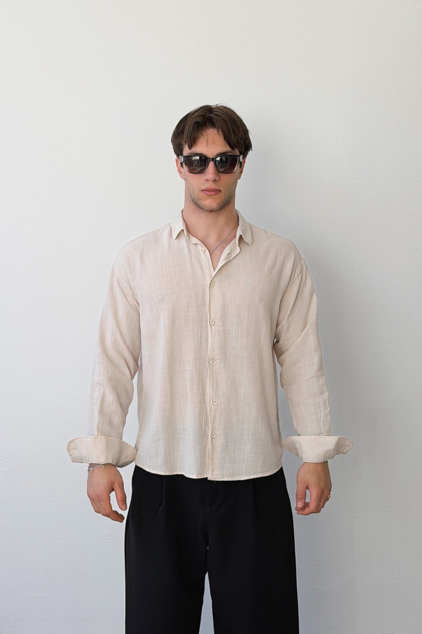 Basic Oversize Beige Raw Linen Shirt