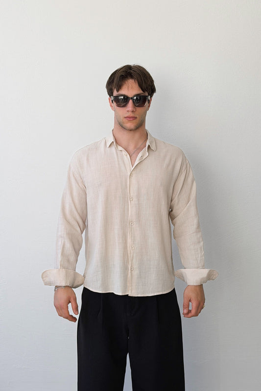 Basic Oversize Beige Raw Linen Shirt