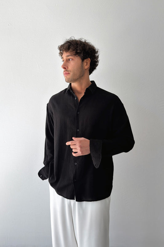 Basic Oversize Black Raw Linen Shirt