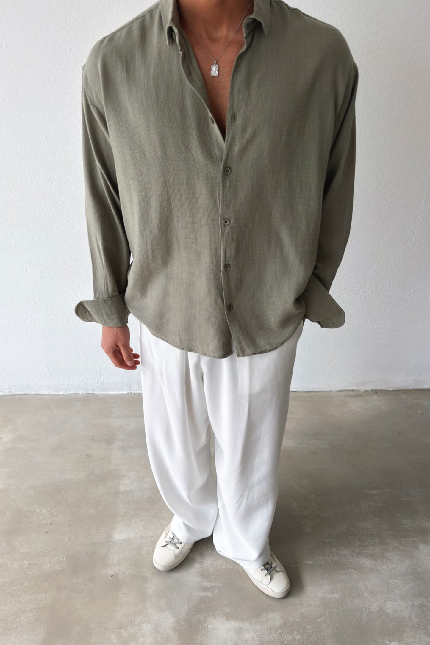 Basic Oversize Khaki Raw Linen Shirt