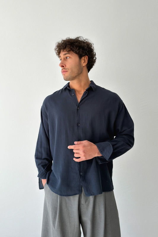 Basic Oversize Navy Blue Raw Linen Shirt