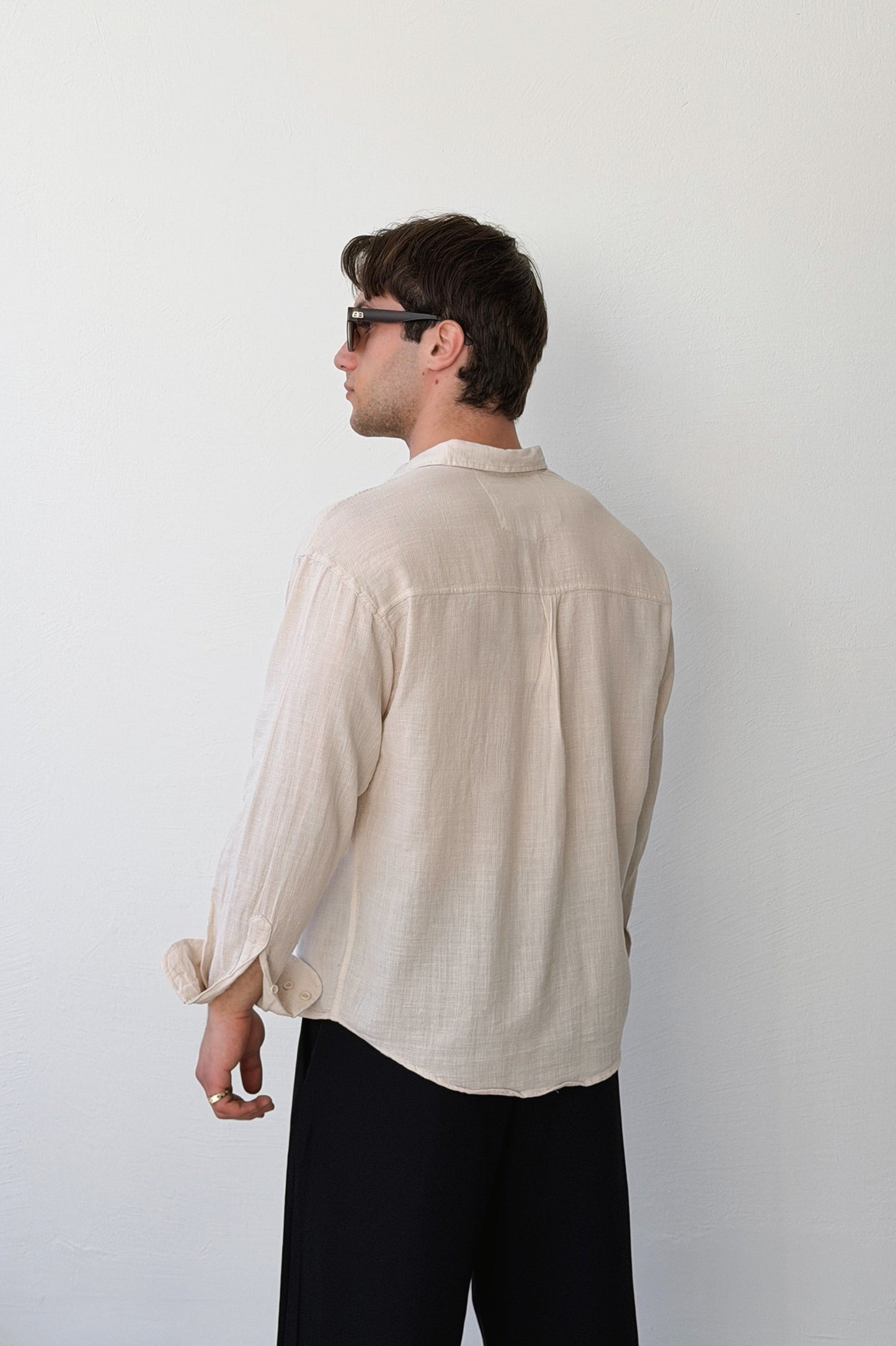 Basic Oversize Beige Raw Linen Shirt