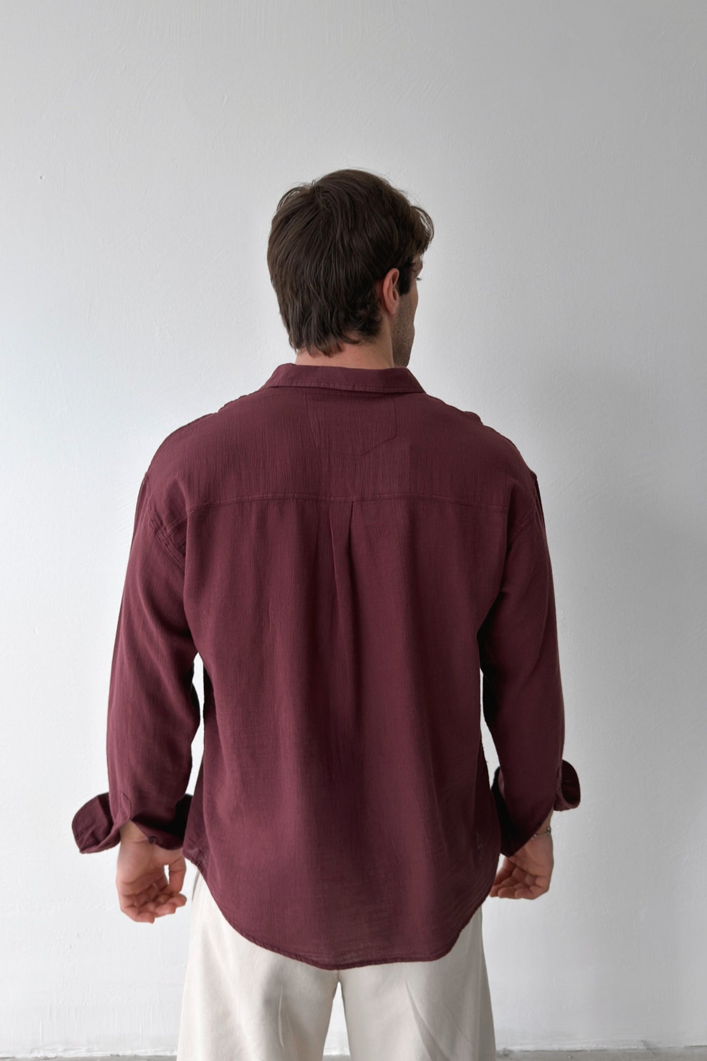 Basic Oversize Burgundy Raw Linen Shirt