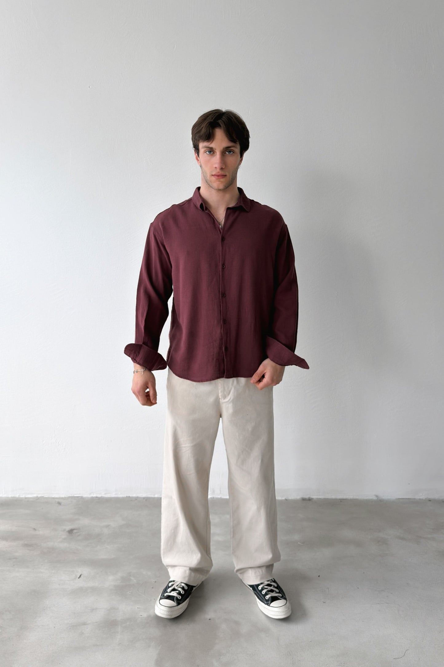 Basic Oversize Burgundy Raw Linen Shirt