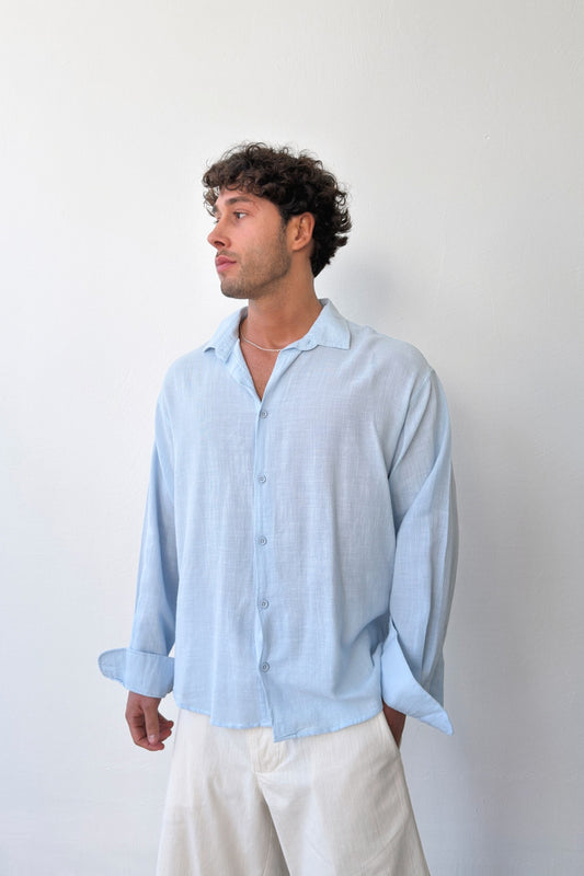 Basic Oversize Blue Raw Linen Shirt
