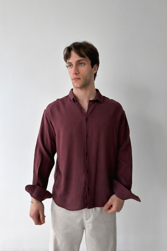Basic Oversize Burgundy Raw Linen Shirt