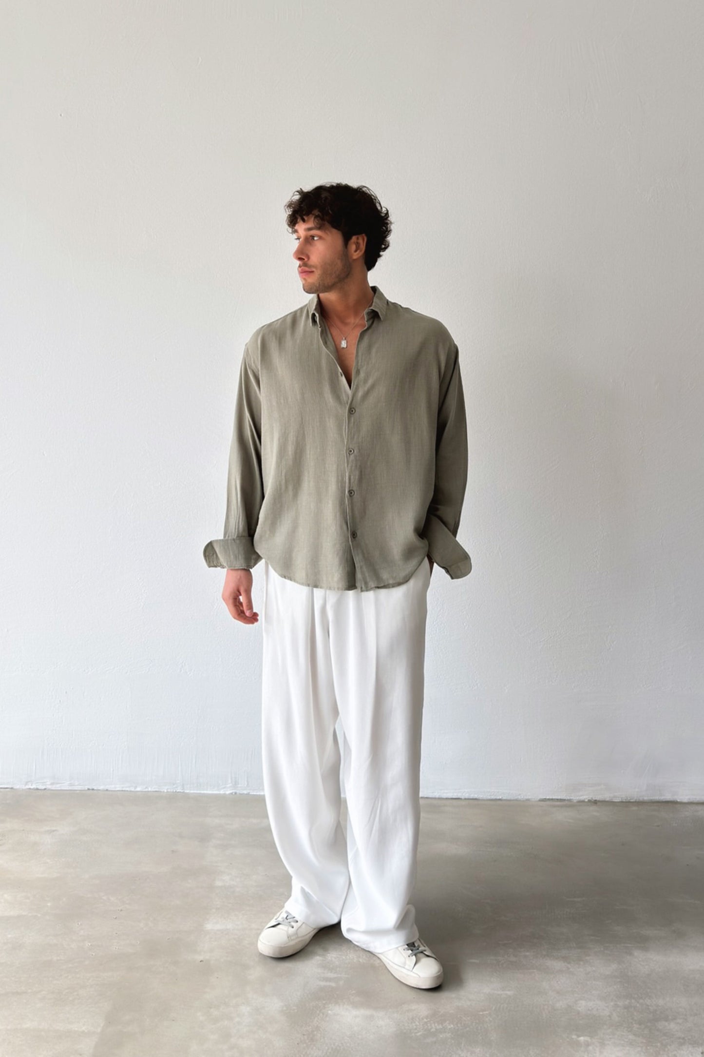 Basic Oversize Khaki Raw Linen Shirt