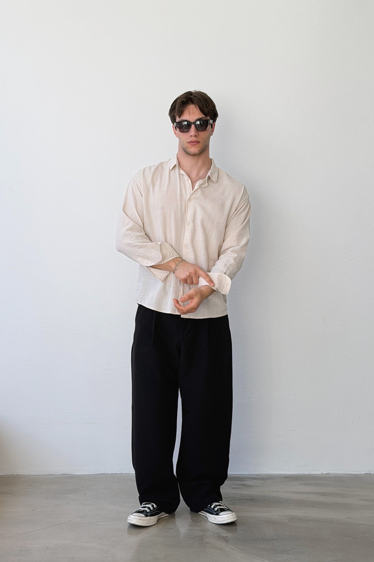 Basic Oversize Beige Raw Linen Shirt