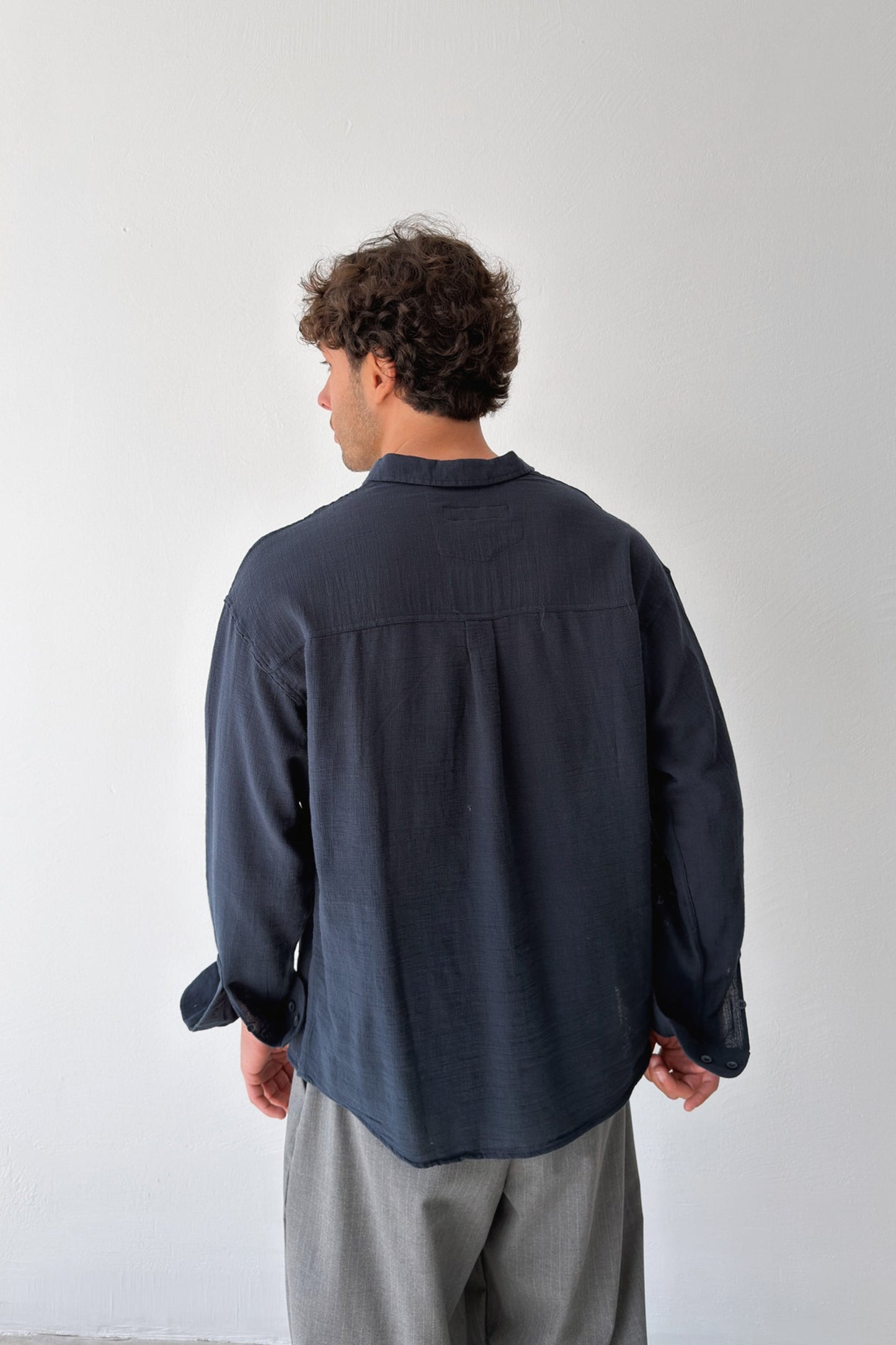 Basic Oversize Navy Blue Raw Linen Shirt