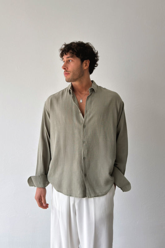 Basic Oversize Khaki Raw Linen Shirt