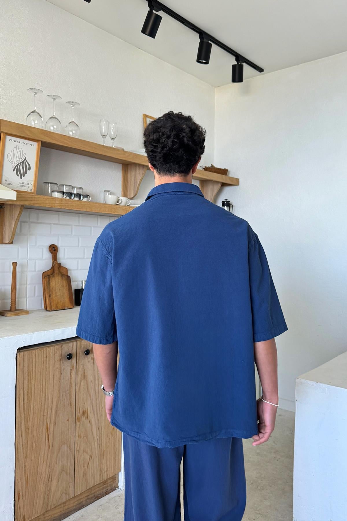Basic Oversize Short-Sleeve Linen Shirt Navy Blue