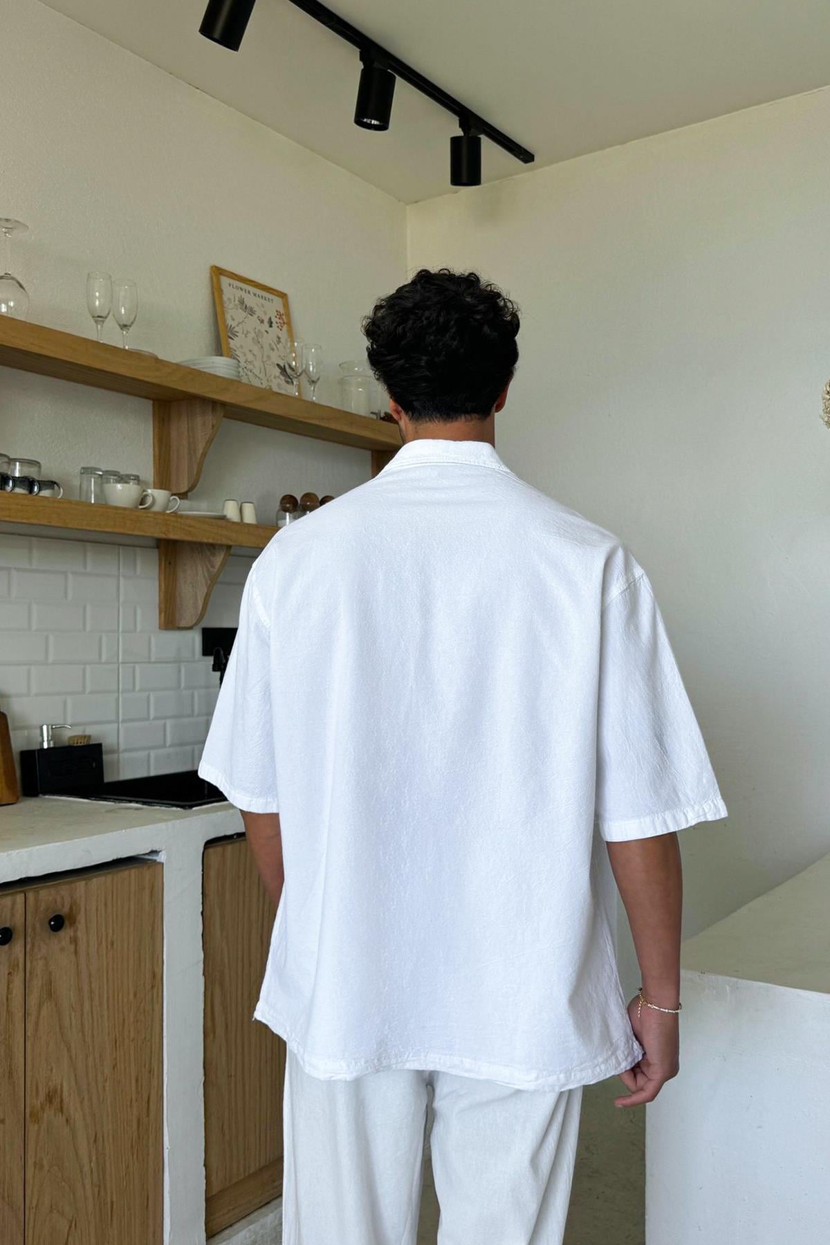 Basic Oversize Short Sleeve Linen Shirt White