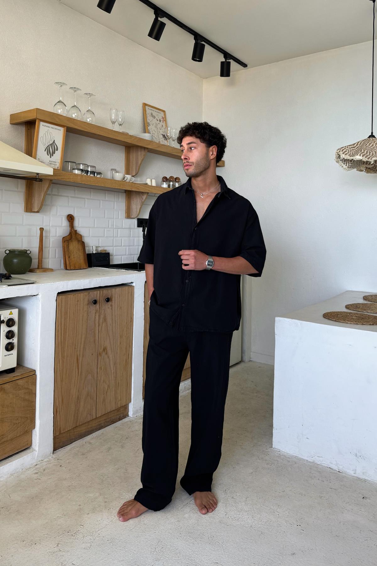 Basic Oversize Short Sleeve Linen Shirt Black