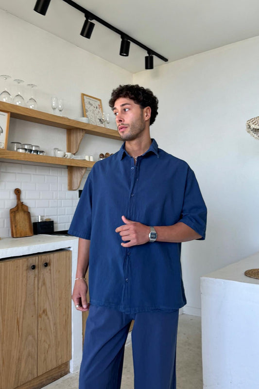 Basic Oversize Short-Sleeve Linen Shirt Navy Blue