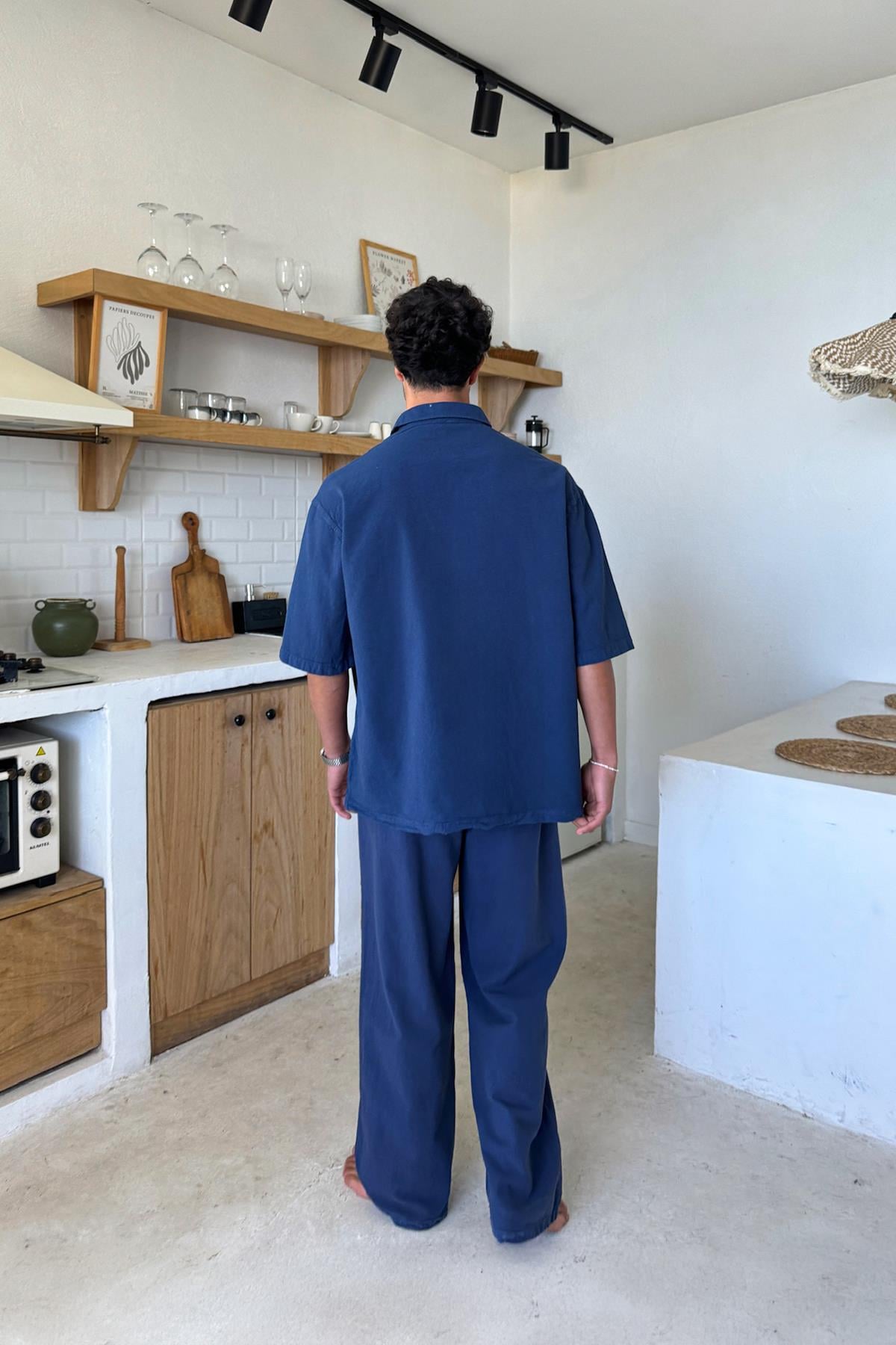 Basic Oversize Short-Sleeve Linen Shirt Navy Blue