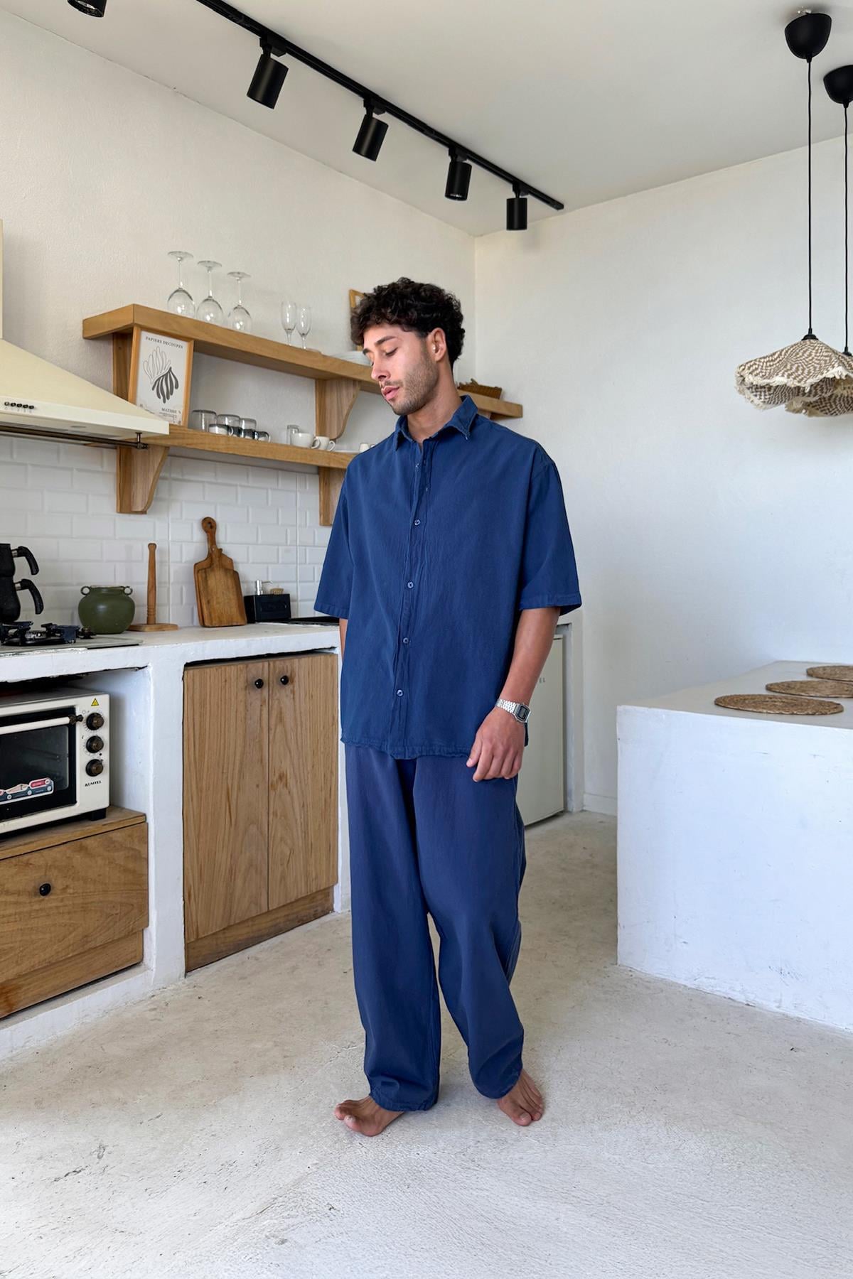Basic Oversize Short-Sleeve Linen Shirt Navy Blue