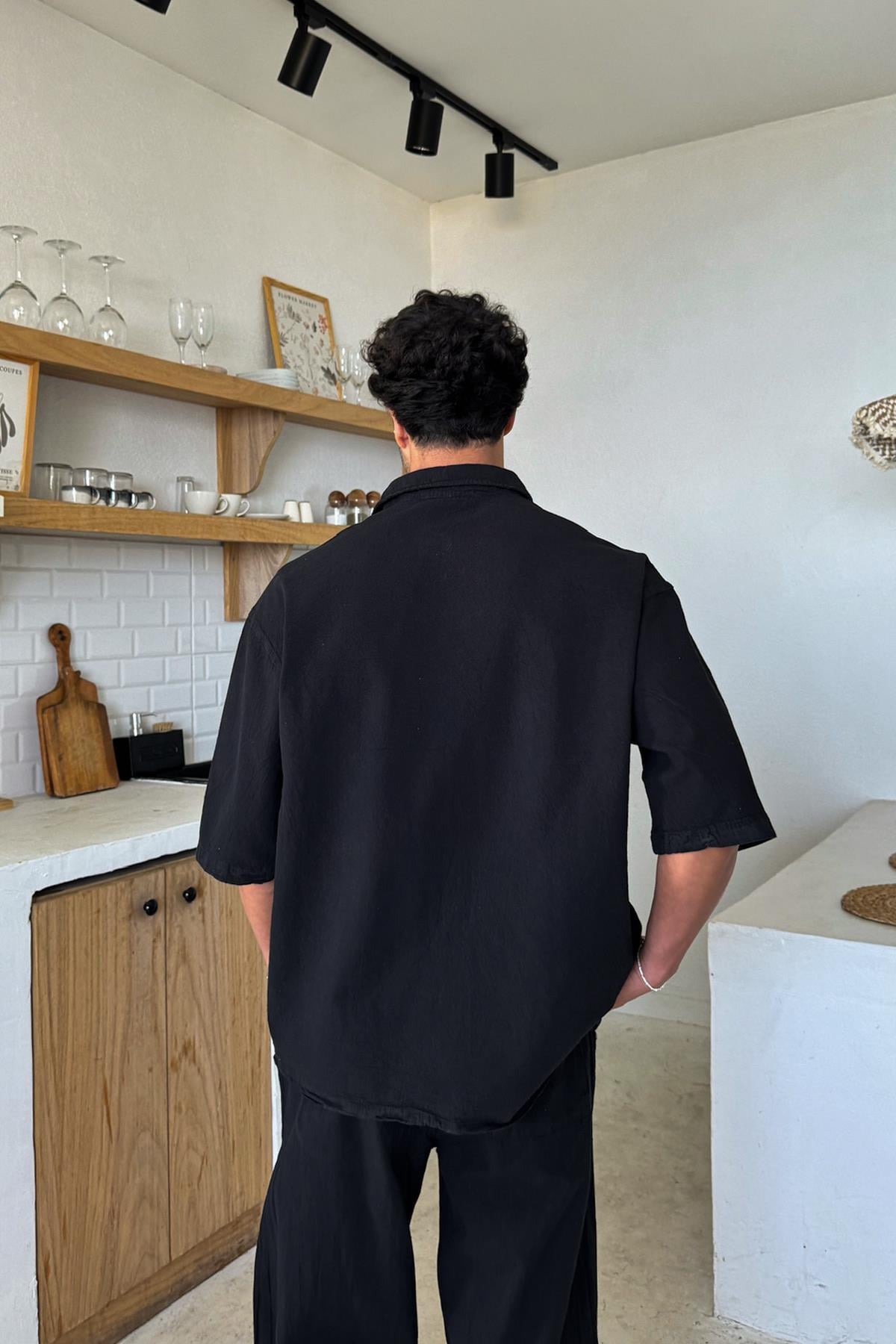 Basic Oversize Short Sleeve Linen Shirt Black