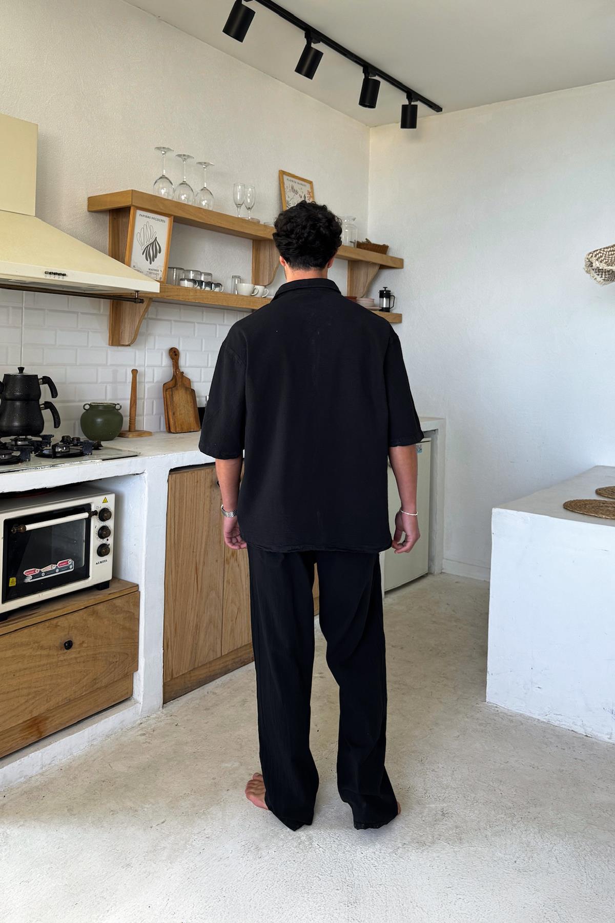 Basic Oversize Short Sleeve Linen Shirt Black