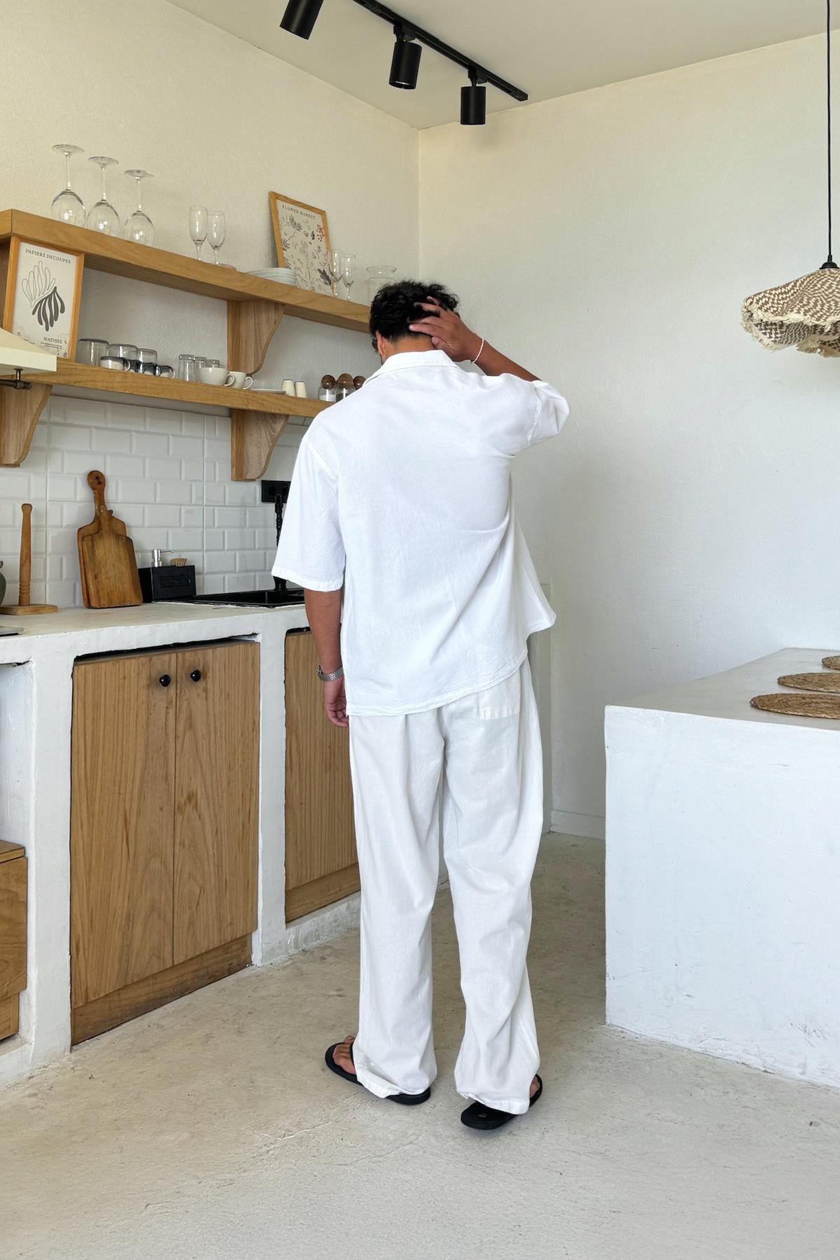 Basic Oversize Short Sleeve Linen Shirt White