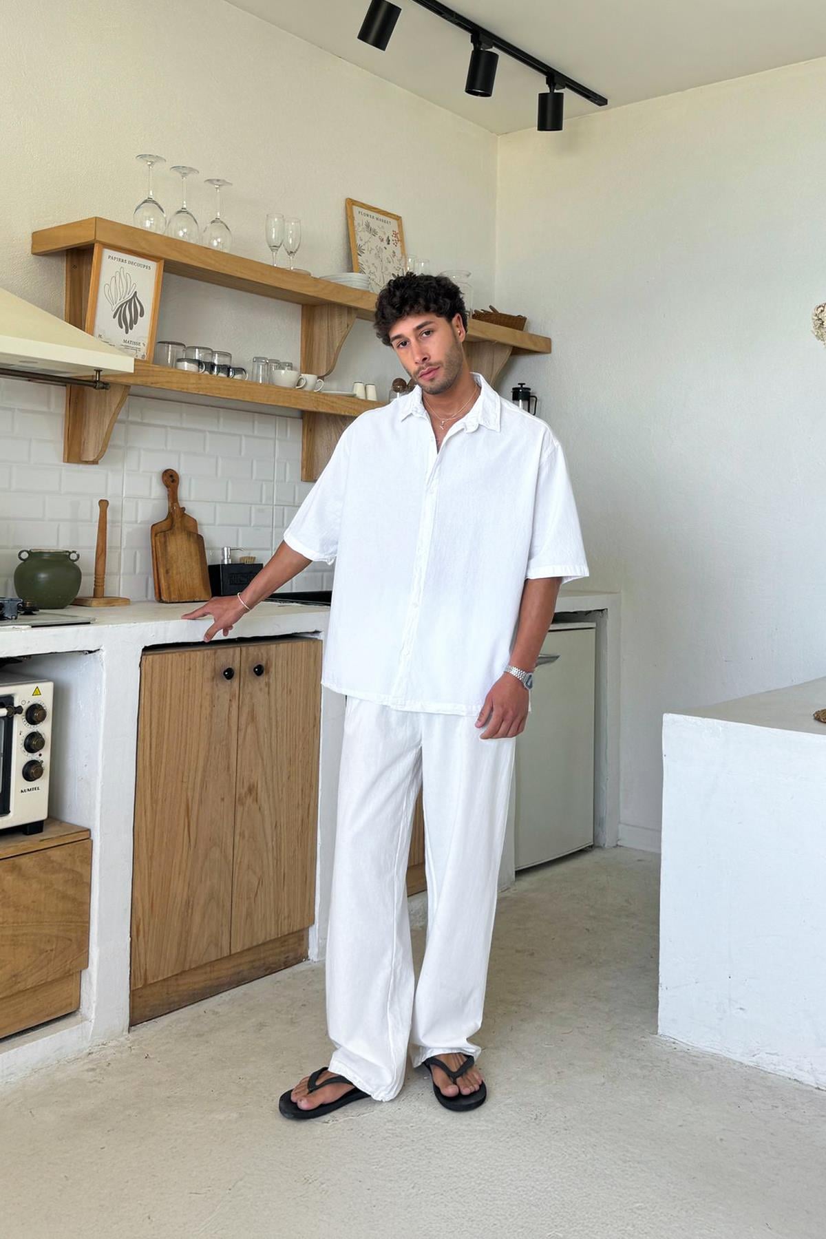 Basic Oversize Short Sleeve Linen Shirt White