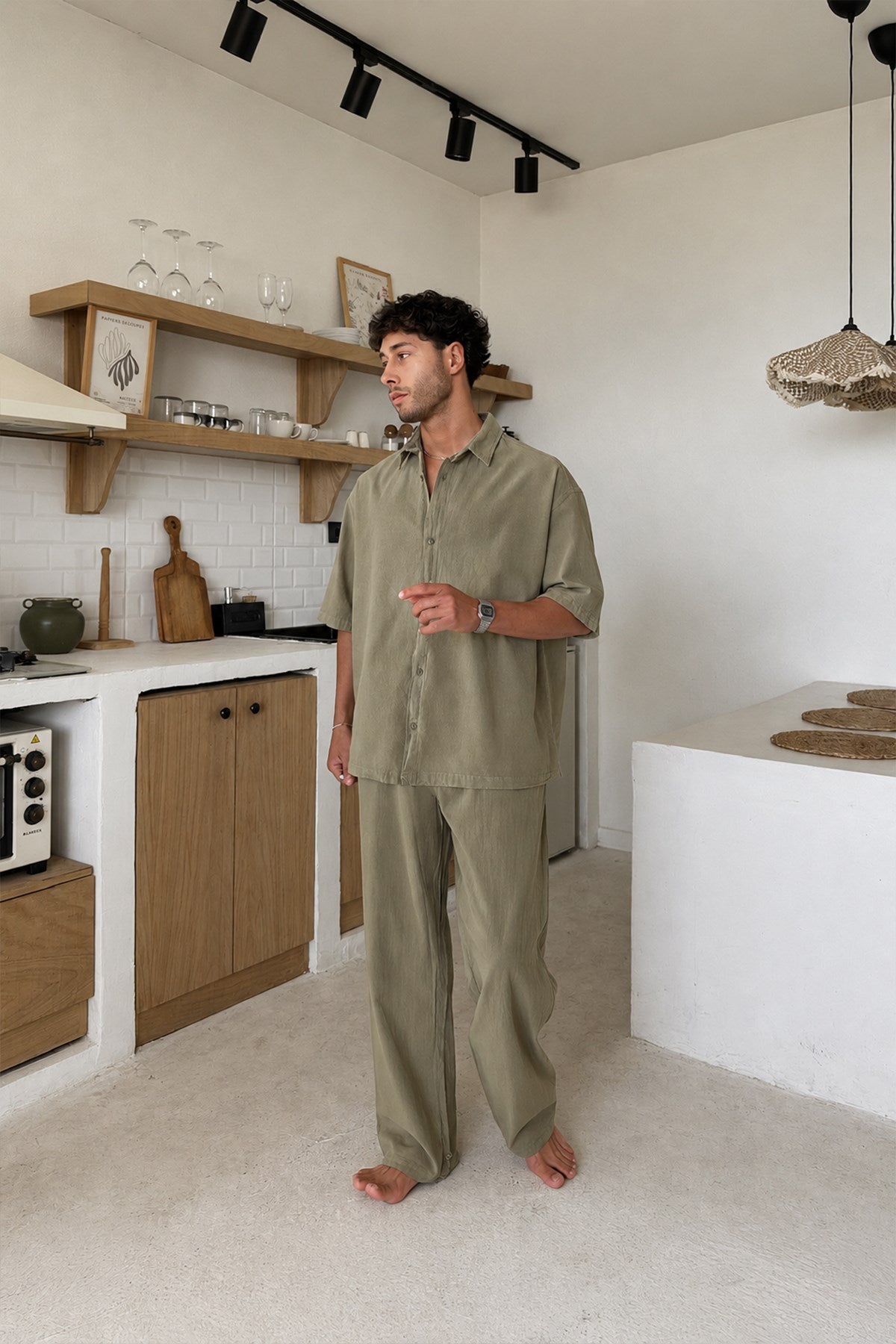 Basic Oversize Short-Sleeve Linen Shirt Dark Khaki