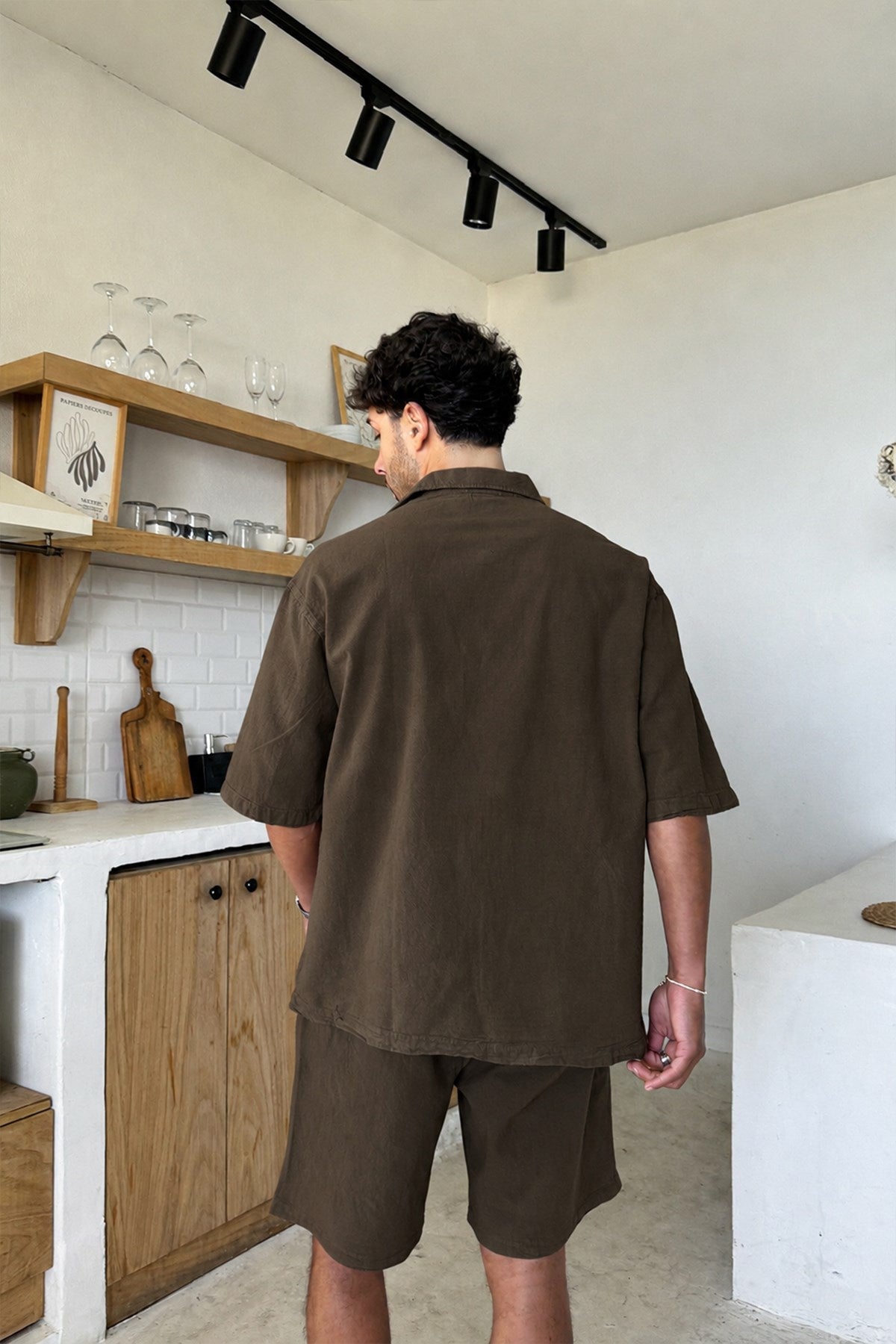 Basic Oversize Short-Sleeve Linen Shirt, Dark Brown
