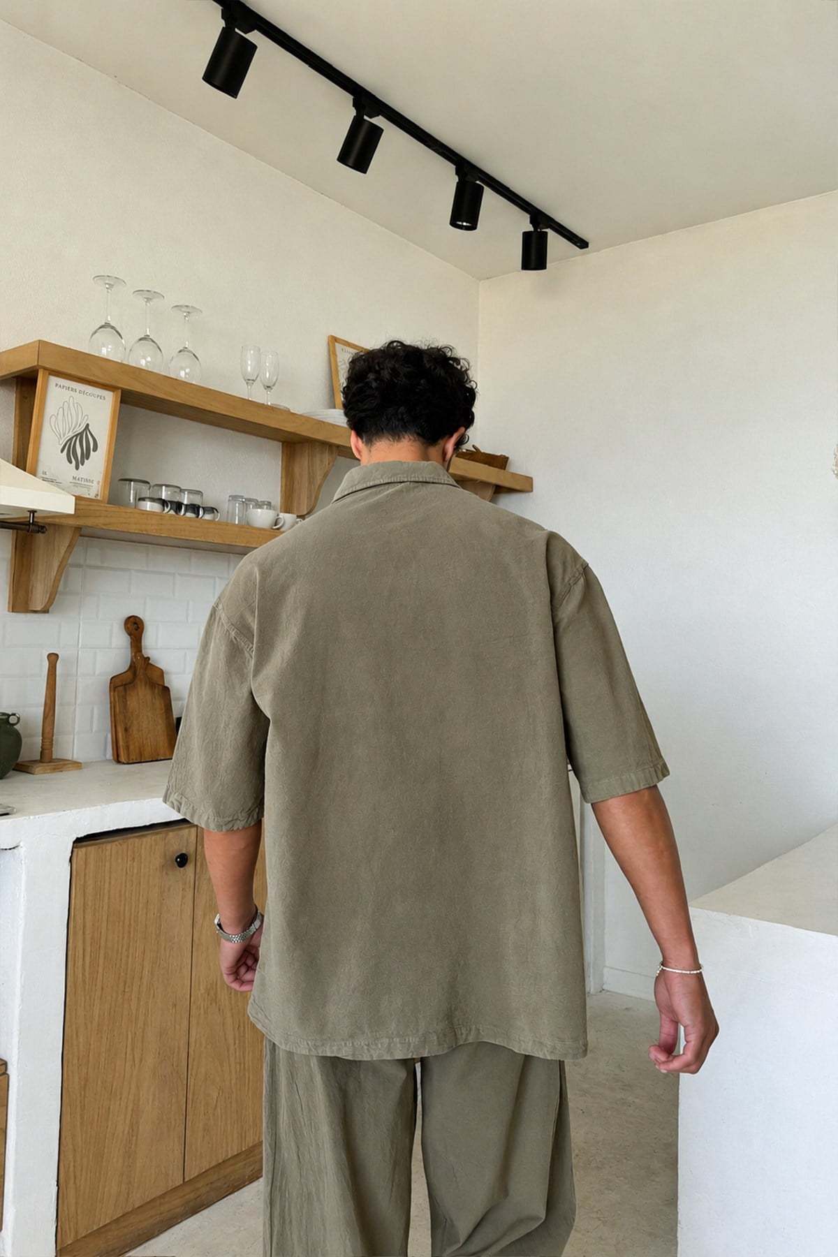 Basic Oversize Short-Sleeve Linen Shirt Dark Khaki