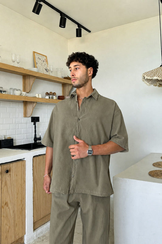 Basic Oversize Short Sleeve Linen Shirt Dark