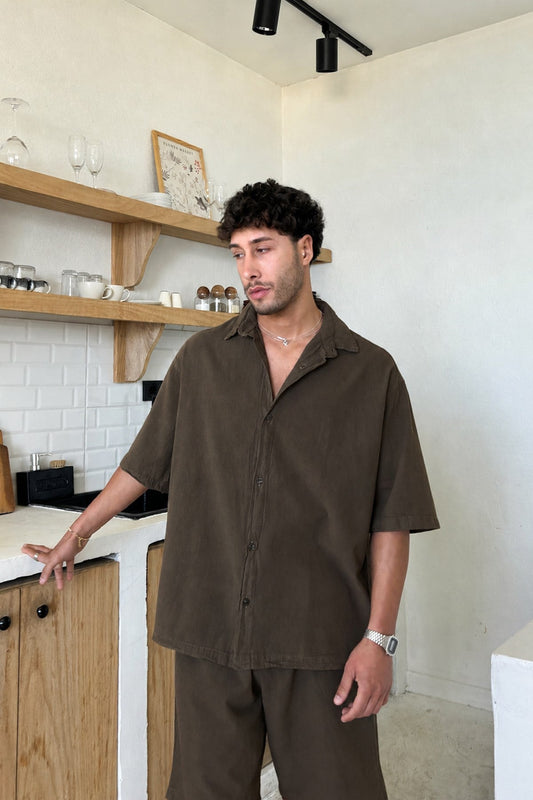 Basic Oversize Short-Sleeve Linen Shirt, Dark Brown