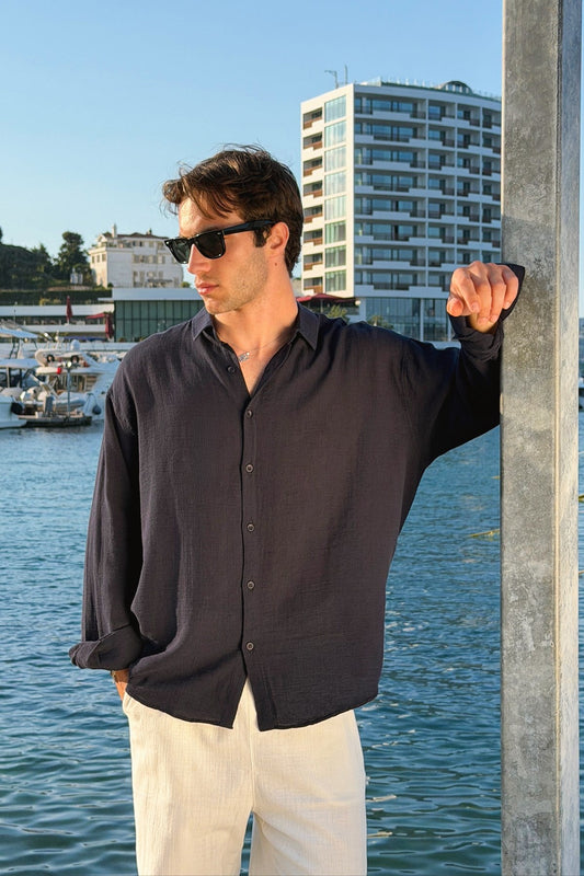 Basic Oversize Navy Blue Raw Linen Shirt