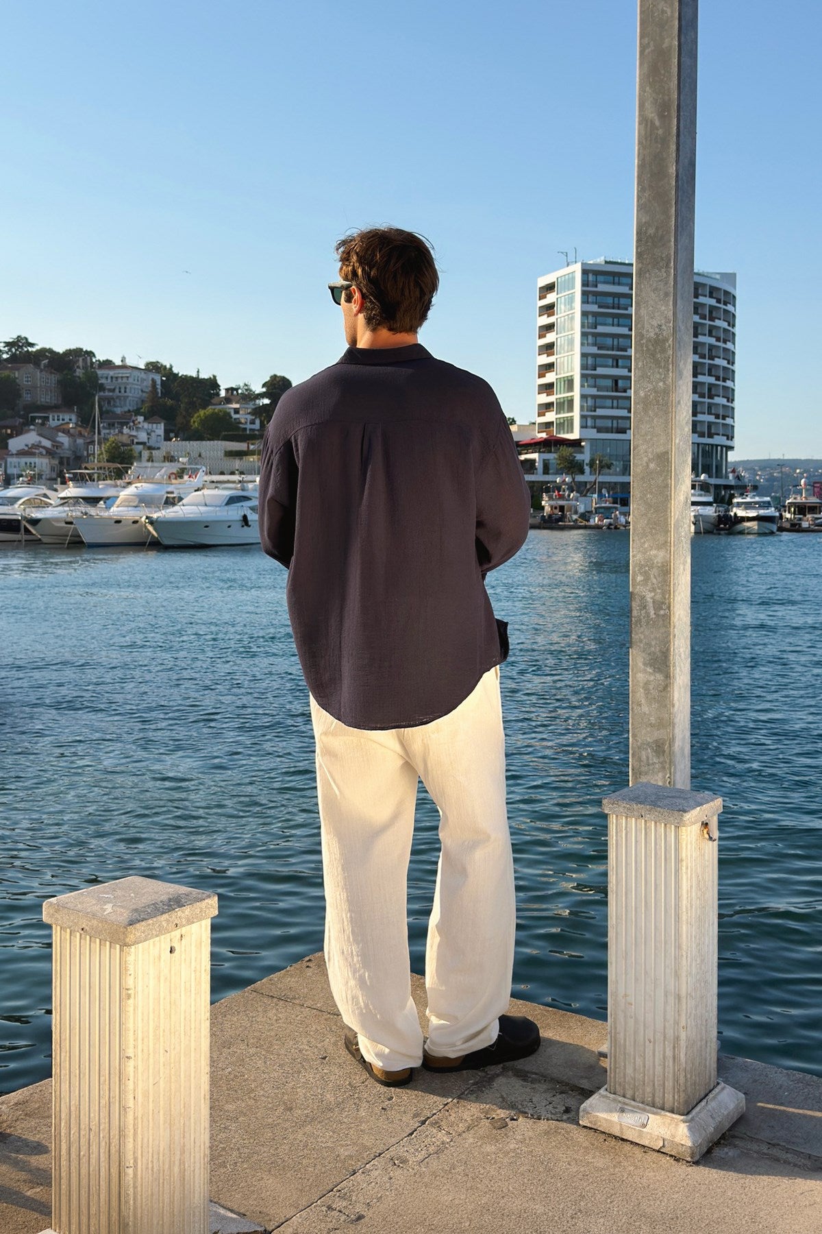 Basic Oversize Navy Blue Raw Linen Shirt