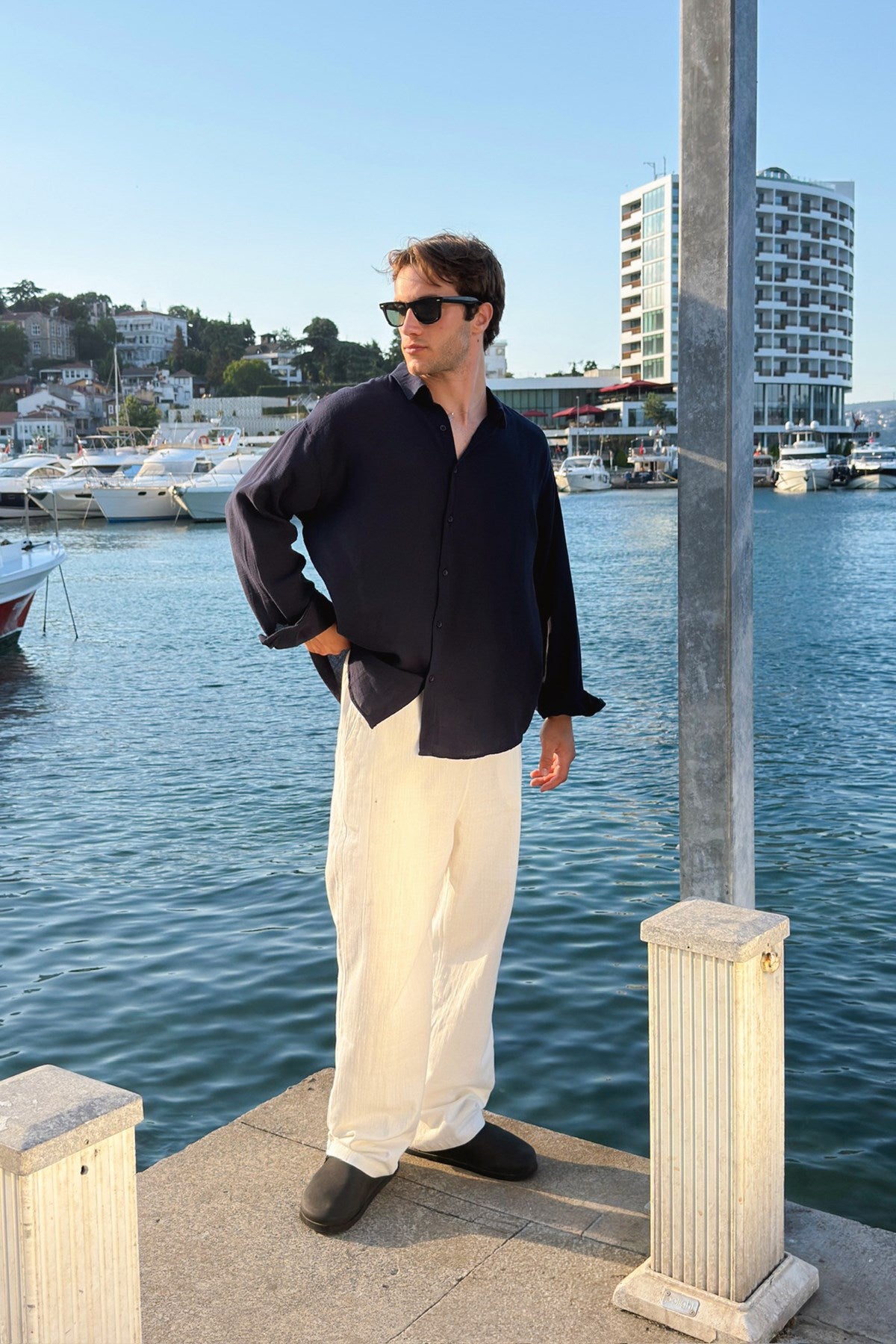 Basic Oversize Navy Blue Raw Linen Shirt