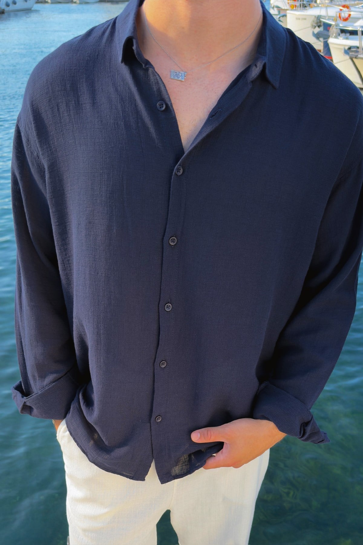 Basic Oversize Navy Blue Raw Linen Shirt