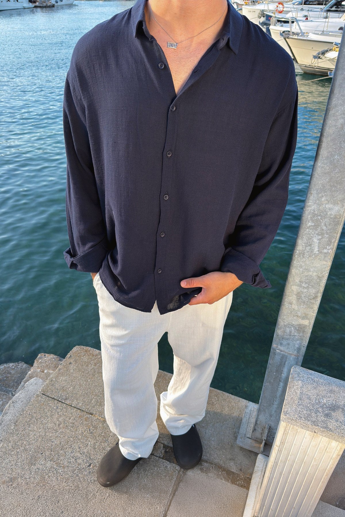 Basic Oversize Navy Blue Raw Linen Shirt